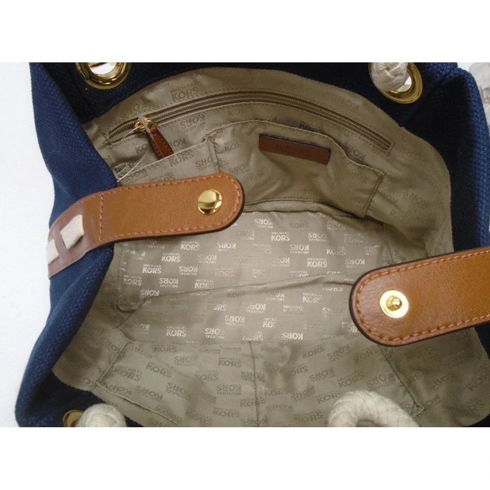 MICHAEL KORS Marina Medium Grab Bag Navy Canvas Rope Handles‎ NWT